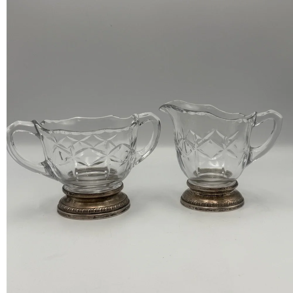 Duchin Creation Sterling Silver Weighted Base Cut Glass Creamer and Sugar Set